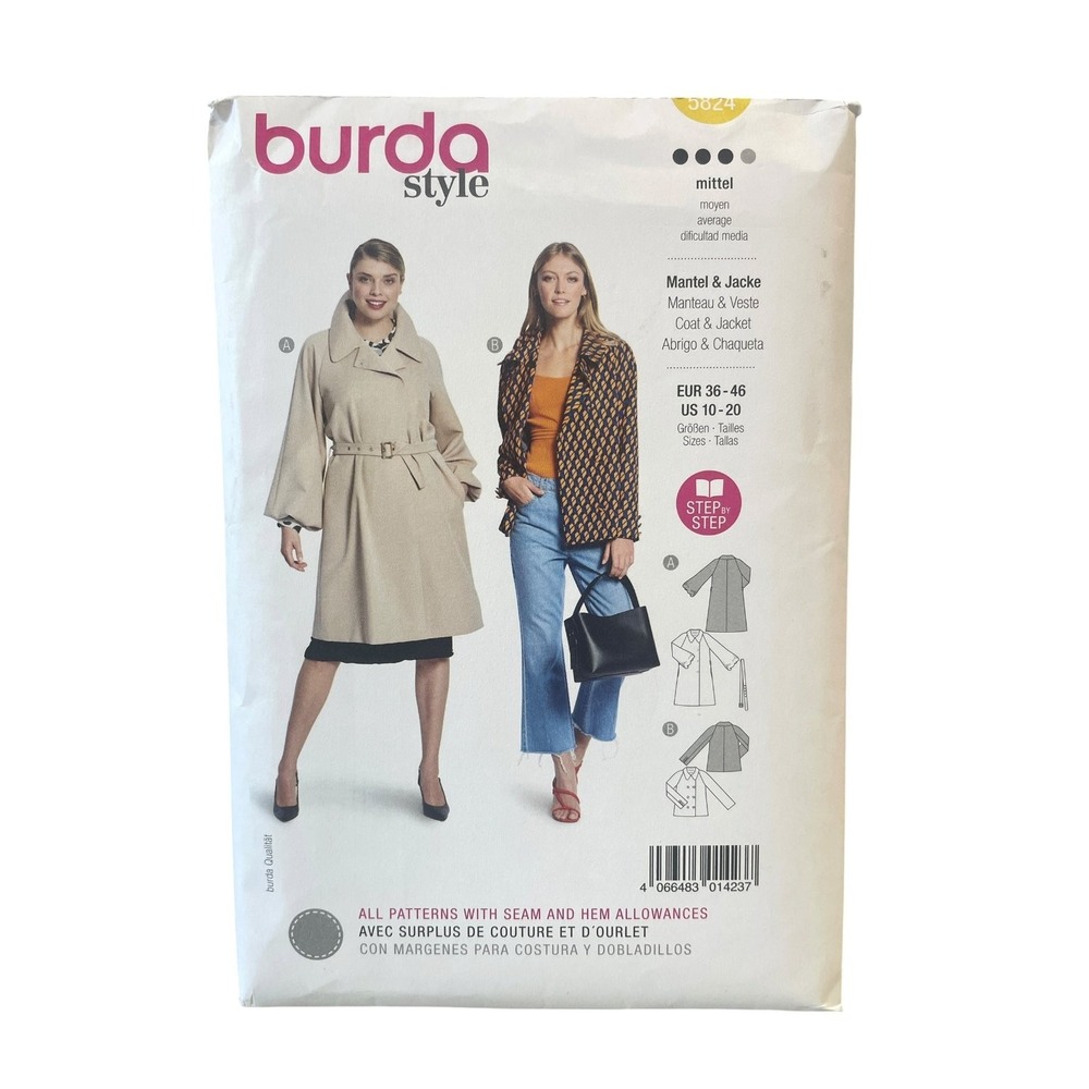 Burda Style Sewing Pattern 5824 Women 10-20 Loose Fit Belted Coat Jacket Uncut
